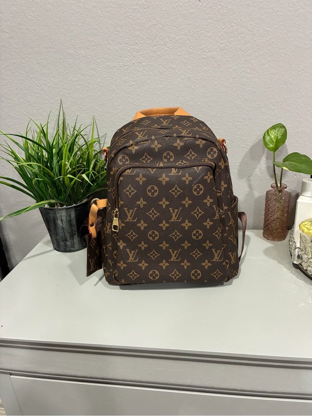 Louis Vuitton Style- Monogram Canvas Dark Brown & Tan Backpack